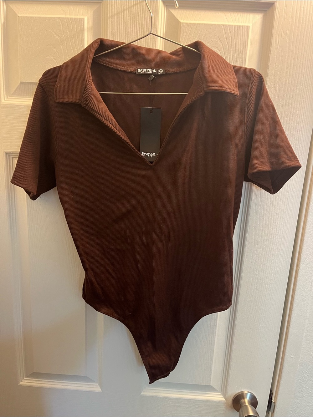 Nasty Gal Chocolate Brown Ribbed Collared Bodysuit - Picture 1 of 3